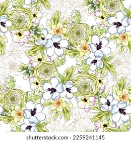 Abstract seamless pattern with plants, herbs and flowers, botanical illustration.