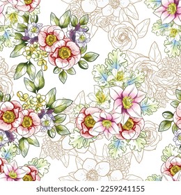 Abstract seamless pattern with plants, herbs and flowers, botanical illustration.