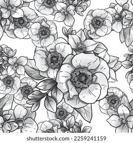 Abstract seamless pattern with plants, herbs and flowers, botanical illustration.