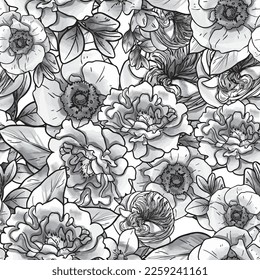 Abstract seamless pattern with plants, herbs and flowers, botanical illustration.