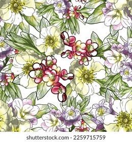 Abstract seamless pattern with plants, herbs and flowers, botanical illustration.