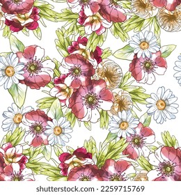 Abstract seamless pattern with plants, herbs and flowers, botanical illustration.