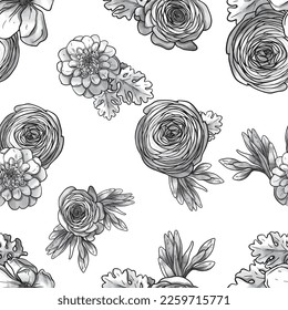 Abstract seamless pattern with plants, herbs and flowers, botanical illustration.