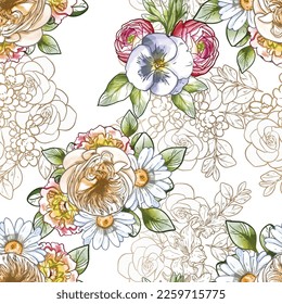 Abstract seamless pattern with plants, herbs and flowers, botanical illustration.