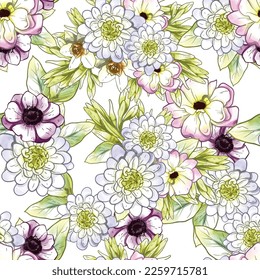 Abstract seamless pattern with plants, herbs and flowers, botanical illustration.