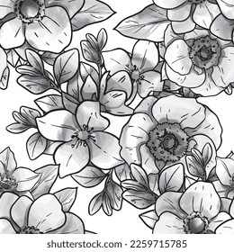 Abstract seamless pattern with plants, herbs and flowers, botanical illustration.