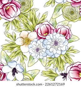 Abstract seamless pattern with plants, herbs and flowers, botanical illustration.