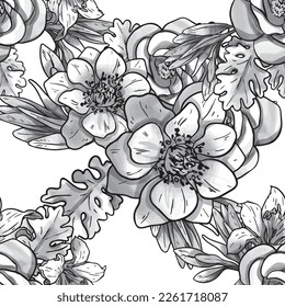 Abstract seamless pattern with plants, herbs and flowers, botanical illustration.