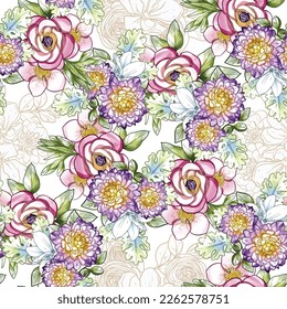 Abstract seamless pattern with plants, herbs and flowers, botanical illustration.