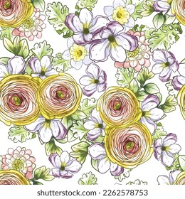 Abstract seamless pattern with plants, herbs and flowers, botanical illustration.