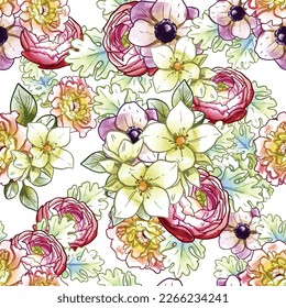 Abstract seamless pattern with plants, herbs and flowers, botanical illustration.