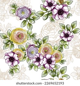 Abstract seamless pattern with plants, herbs and flowers, botanical illustration.