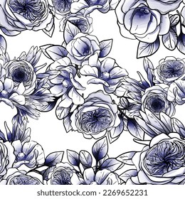 Resumen de patrón sin fisuras con plantas, hierbas y flores, ilustración botánica.