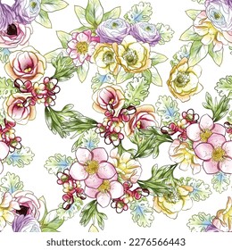 Abstract seamless pattern with plants, herbs and flowers, botanical illustration.