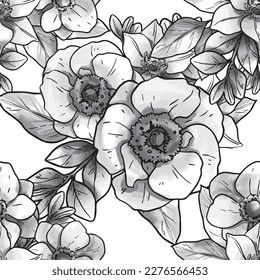 Abstract seamless pattern with plants, herbs and flowers, botanical illustration.