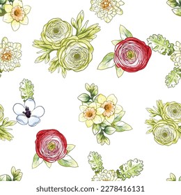 Abstract seamless pattern with plants, herbs and flowers, botanical illustration.