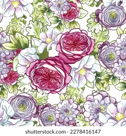 Abstract seamless pattern with plants, herbs and flowers, botanical illustration.