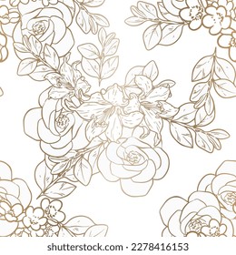 Abstract seamless pattern with plants, herbs and flowers, botanical illustration.
