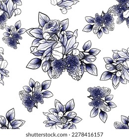 Abstract seamless pattern with plants, herbs and flowers, botanical illustration.