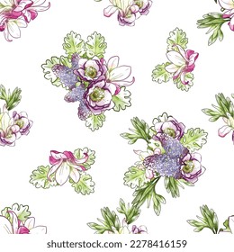Abstract seamless pattern with plants, herbs and flowers, botanical illustration.