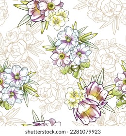 Abstract seamless pattern with plants, herbs and flowers, botanical illustration.