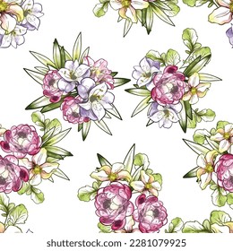 Resumen de patrón sin fisuras con plantas, hierbas y flores, ilustración botánica.
