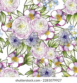 Abstraktes nahtloses Muster mit Pflanzen, Kräutern und Blumen, botanische Illustration.