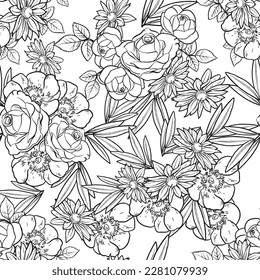 Abstract seamless pattern with plants, herbs and flowers, botanical illustration.