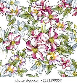 Abstract seamless pattern with plants, herbs and flowers, botanical illustration.
