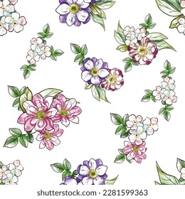 Abstract seamless pattern with plants, herbs and flowers, botanical illustration.