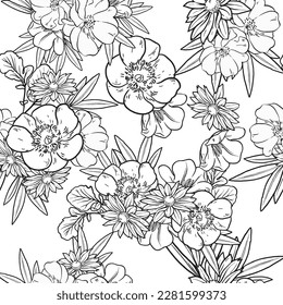 Abstract seamless pattern with plants, herbs and flowers, botanical illustration.