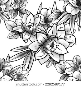 Abstract seamless pattern with plants, herbs and flowers, botanical illustration.