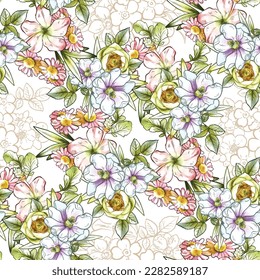 Abstract seamless pattern with plants, herbs and flowers, botanical illustration.