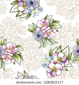 Abstraktes nahtloses Muster mit Pflanzen, Kräutern und Blumen, botanische Illustration.