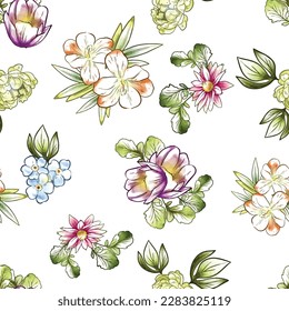 Abstract seamless pattern with plants, herbs and flowers, botanical illustration.