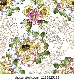 Abstract seamless pattern with plants, herbs and flowers, botanical illustration.