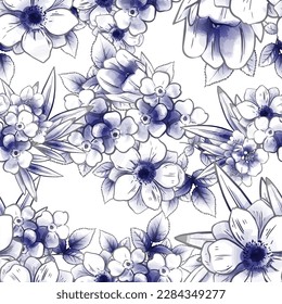 Abstract seamless pattern with plants, herbs and flowers, botanical illustration.