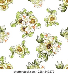 Abstract seamless pattern with plants, herbs and flowers, botanical illustration.