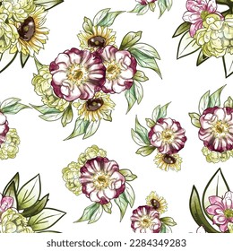 Abstract seamless pattern with plants, herbs and flowers, botanical illustration.