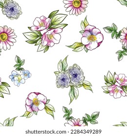 Abstract seamless pattern with plants, herbs and flowers, botanical illustration.