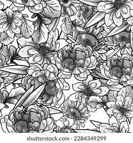 Abstract seamless pattern with plants, herbs and flowers, botanical illustration.