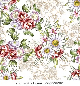 Abstract seamless pattern with plants, herbs and flowers, botanical illustration.