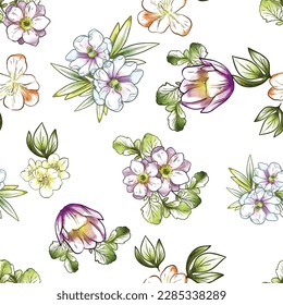 Abstract seamless pattern with plants, herbs and flowers, botanical illustration.