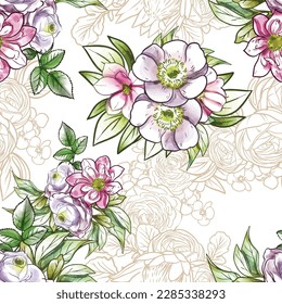 Abstract seamless pattern with plants, herbs and flowers, botanical illustration.