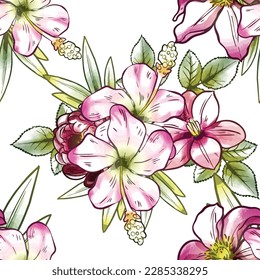 Abstract seamless pattern with plants, herbs and flowers, botanical illustration.