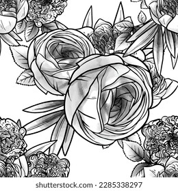 Abstract seamless pattern with plants, herbs and flowers, botanical illustration.
