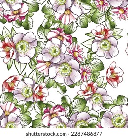 Abstract seamless pattern with plants, herbs and flowers, botanical illustration.
