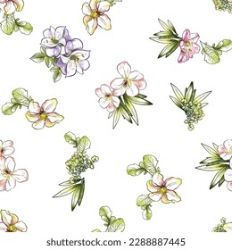 Resumen de patrón sin fisuras con plantas, hierbas y flores, ilustración botánica.