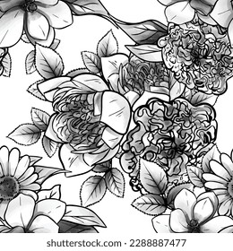 Resumen de patrón sin fisuras con plantas, hierbas y flores, ilustración botánica.
