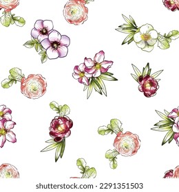 Abstract seamless pattern with plants, herbs and flowers, botanical illustration.